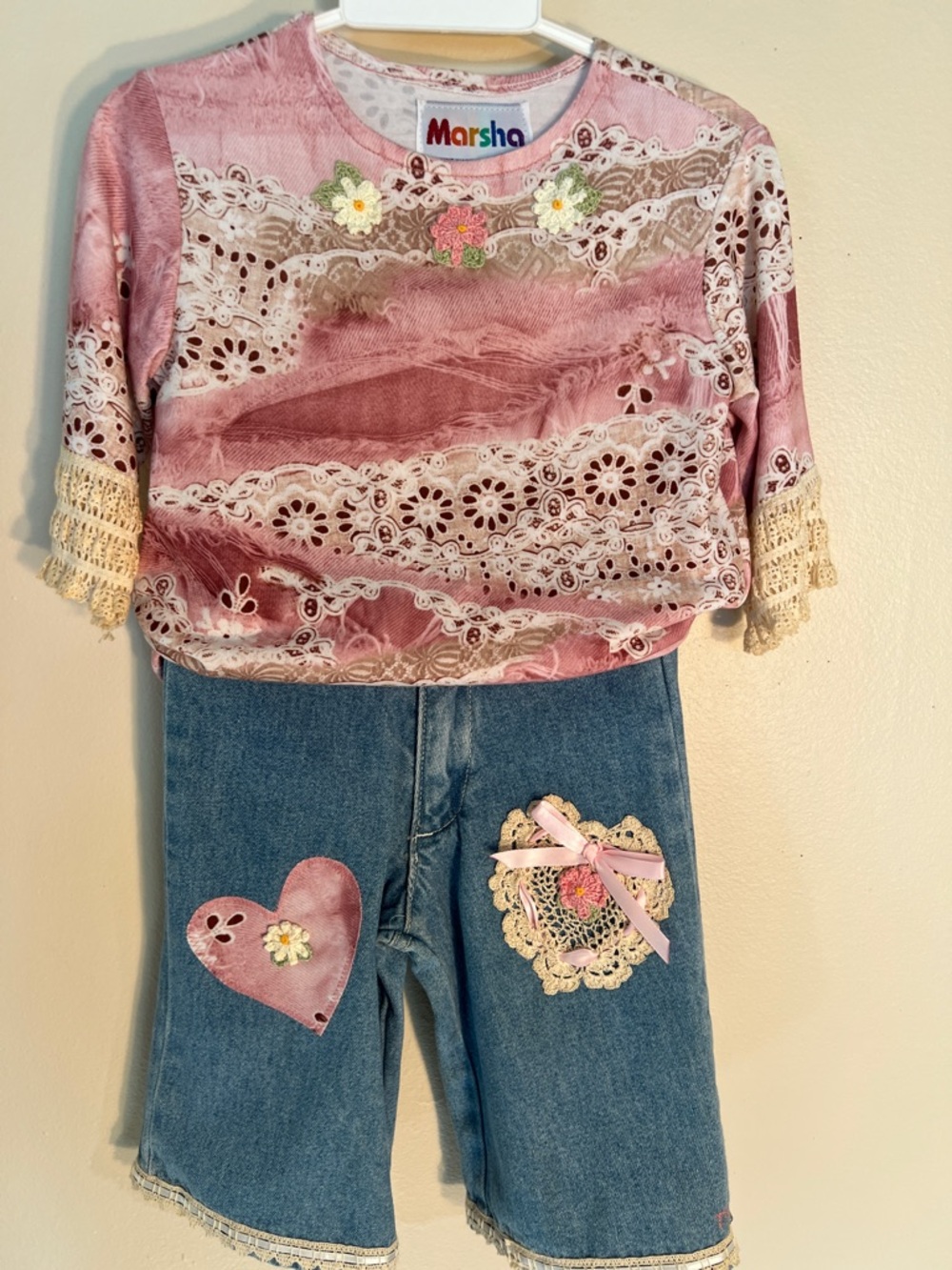 Vintage Girls Pink Lace-Trim Top with Denim Heart Applique Shorts Size 2